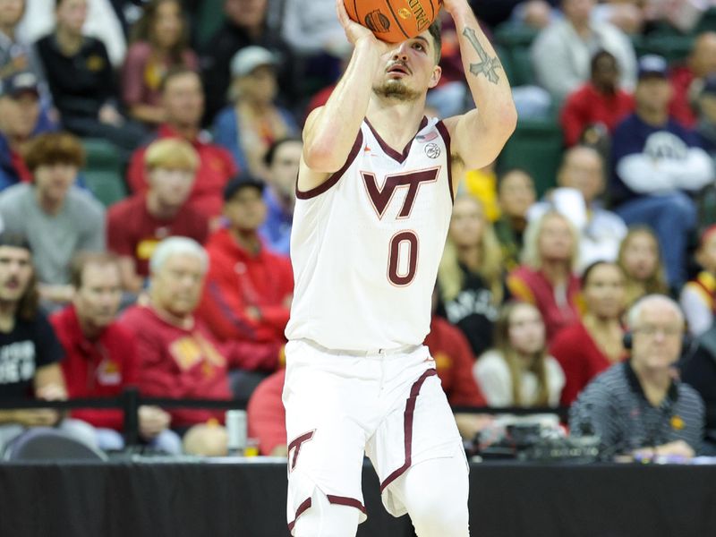 Nov 24, 2023; Kissimmee, FL, USA;  Virginia Tech Hokies guard Hunter Cattoor (0) shoots the ball against the Iowa State Cyclones in the first half during the ESPN Events Invitational Semifinal at State Farm Field House. Mandatory Credit: Nathan Ray Seebeck-USA TODAY Sports