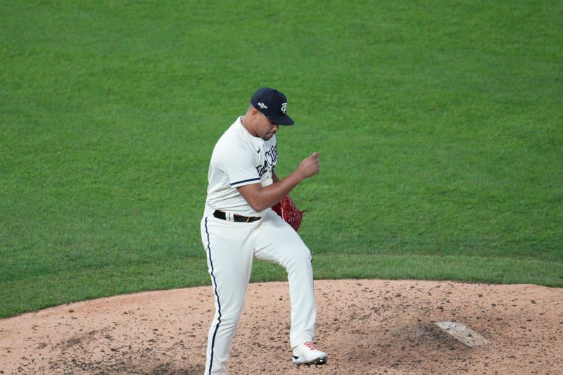 Oct 11, 2023; Minneapolis, Minnesota, USA; Minnesota Twins relief pitcher Jhoan Duran (59) reacts to a strike out in the in the ninth inning against the Houston Astros during game four of the ALDS for the 2023 MLB playoffs at Target Field. Mandatory Credit: Matt Blewett-USA TODAY Sports