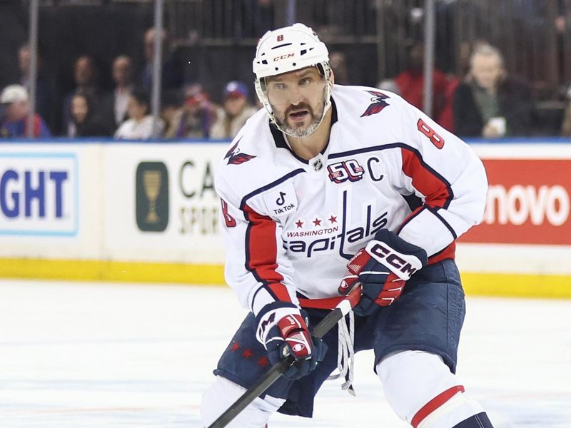 Mar 5, 2025; New York, New York, USA;  Washington Capitals left wing Alex Ovechkin (8) looks for an open teammate in the third period against the New York Rangers at Madison Square Garden. Mandatory Credit: Wendell Cruz-Imagn Images