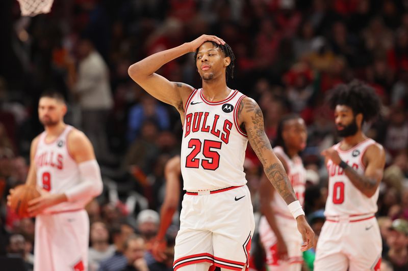 CHICAGO, ILLINOIS - DECEMBER 23: Dalen Terry #25 of the Chicago Bulls reacts against the Cleveland Cavaliers during the second half at the United Center on December 23, 2023 in Chicago, Illinois. NOTE TO USER: User expressly acknowledges and agrees that, by downloading and or using this photograph, User is consenting to the terms and conditions of the Getty Images License Agreement.  (Photo by Michael Reaves/Getty Images)