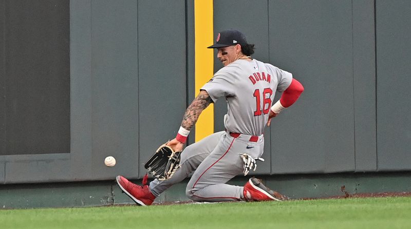 Aug 5, 2024; Kansas City, Missouri, USA;  Boston Red Sox left fielder Jarren Duran (16) fields a ball in the outfield in the second inning against the Kansas City Royals at Kauffman Stadium. Mandatory Credit: Peter Aiken-USA TODAY Sports