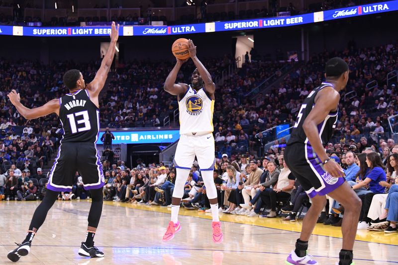 SAN FRANCISCO, CA - OCTOBER 11: Draymond Green #23 of the Golden State Warriors shoots the ball during the game against the Sacramento Kings during a NBA Preseason game on October 11, 2024 at Chase Center in San Francisco, California. NOTE TO USER: User expressly acknowledges and agrees that, by downloading and or using this photograph, user is consenting to the terms and conditions of Getty Images License Agreement. Mandatory Copyright Notice: Copyright 2024 NBAE (Photo by Noah Graham/NBAE via Getty Images)