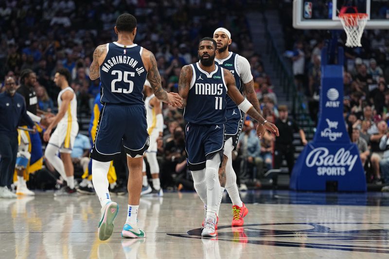 DALLAS, TX - APRIL 5: P.J. Washington #25 and Kyrie Irving #11 of the Dallas Mavericks react during the game against the Golden State Warriors on April 5, 2024 at the American Airlines Center in Dallas, Texas. NOTE TO USER: User expressly acknowledges and agrees that, by downloading and or using this photograph, User is consenting to the terms and conditions of the Getty Images License Agreement. Mandatory Copyright Notice: Copyright 2024 NBAE (Photo by Glenn James/NBAE via Getty Images)