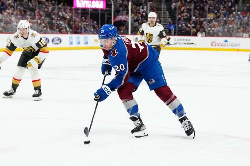 Jan 10, 2024; Denver, Colorado, USA; Colorado Avalanche center Ross Colton (20) controls the puck in the second period against the Vegas Golden Knights at Ball Arena. Mandatory Credit: Ron Chenoy-USA TODAY Sports