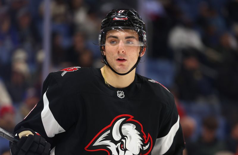 Nov 6, 2025; Buffalo, New York, USA;  Buffalo Sabres defenseman Michael Kesselring (8) at the start of the third period against the St. Louis Blues at KeyBank Center. Mandatory Credit: Timothy T. Ludwig-Imagn Images
