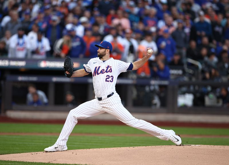 Oct 18, 2024; New York City, New York, USA; New York Mets pitcher David Peterson (23) throws during the first inning against the Los Angeles Dodgers during game five of the NLCS for the 2024 MLB playoffs at Citi Field. Mandatory Credit: Vincent Carchietta-Imagn Images