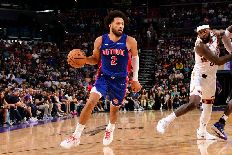 PHOENIX, AZ - OCTOBER 11: Cade Cunningham #2 of the Detroit Pistons drives to the basket during the game on October 11, 2024 at Footprint Center in Phoenix, Arizona. NOTE TO USER: User expressly acknowledges and agrees that, by downloading and or using this photograph, user is consenting to the terms and conditions of the Getty Images License Agreement. Mandatory Copyright Notice: Copyright 2024 NBAE (Photo by Kate Frese/NBAE via Getty Images)