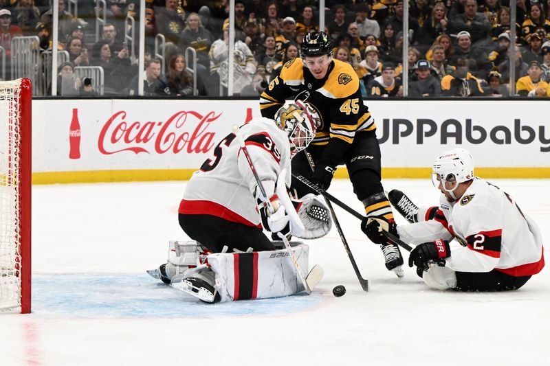 Nov 9, 2024; Boston, Massachusetts, USA; Boston Bruins left wing Cole Koepke (45) attempts a shot against Ottawa Senators goaltender Linus Ullmark (35) during the first period at TD Garden. Mandatory Credit: Brian Fluharty-Imagn Images