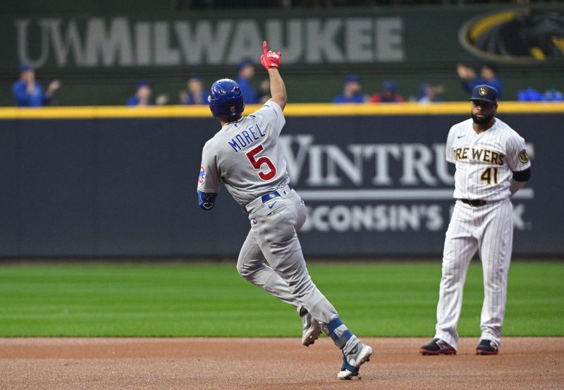 Sep 30, 2023; Milwaukee, Wisconsin, USA; Chicago Cubs second baseman Christopher Morel (5) rounds the bases after hitting a home run in the first inning against the Milwaukee Brewers at American Family Field. Mandatory Credit: Michael McLoone-USA TODAY Sports