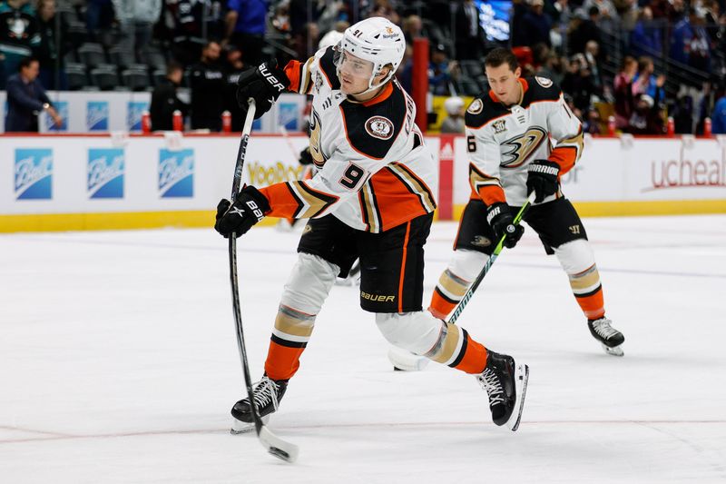 Dec 5, 2023; Denver, Colorado, USA; Anaheim Ducks center Leo Carlsson (91) warms up before the game against the Colorado Avalanche at Ball Arena. Mandatory Credit: Isaiah J. Downing-USA TODAY Sports