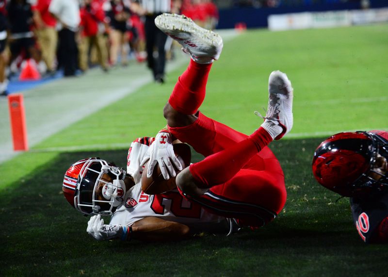 Sep 18, 2021; Carson, California, USA; Utah Utes wide receiver Jaylen Dixon (25) catches touchdown pass against the San Diego State Aztecs during overtime at Dignity Health Sports Park. Mandatory Credit: Gary A. Vasquez-USA TODAY Sports