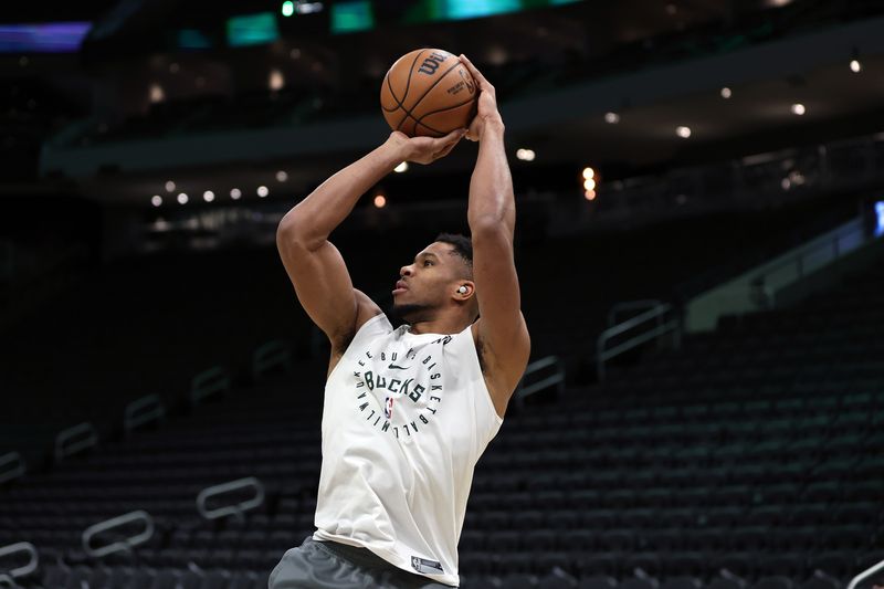 MILWAUKEE, WISCONSIN - NOVEMBER 18: Giannis Antetokounmpo #34 of the Milwaukee Bucks participates in warmups prior to a game against the Houston Rockets at Fiserv Forum on November 18, 2024 in Milwaukee, Wisconsin. NOTE TO USER: User expressly acknowledges and agrees that, by downloading and or using this photograph, User is consenting to the terms and conditions of the Getty Images License Agreement. (Photo by Stacy Revere/Getty Images)