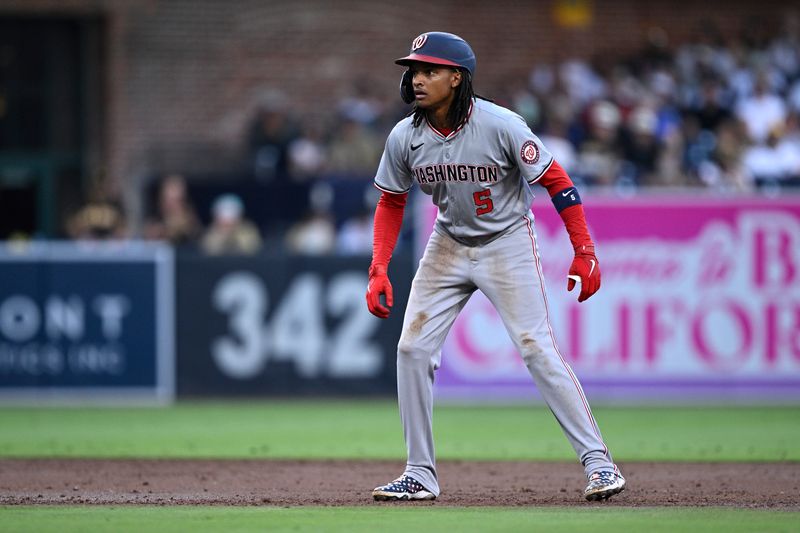 Jun 24, 2024; San Diego, California, USA; Washington Nationals shortstop CJ Abrams (5) leads off second base during the third inning against the San Diego Padres at Petco Park. Mandatory Credit: Orlando Ramirez-USA TODAY Sports