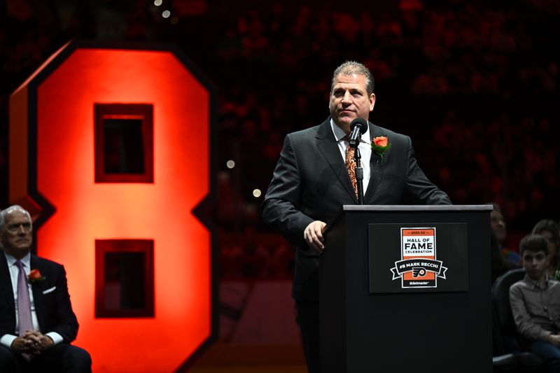 Jan 27, 2024; Philadelphia, Pennsylvania, USA; Philadelphia Flyers former player Mark Recchi speaks during his induction ceremony into the Flyers Hall of Fame before a game against the Boston Bruins at Wells Fargo Center. Mandatory Credit: Kyle Ross-USA TODAY Sports