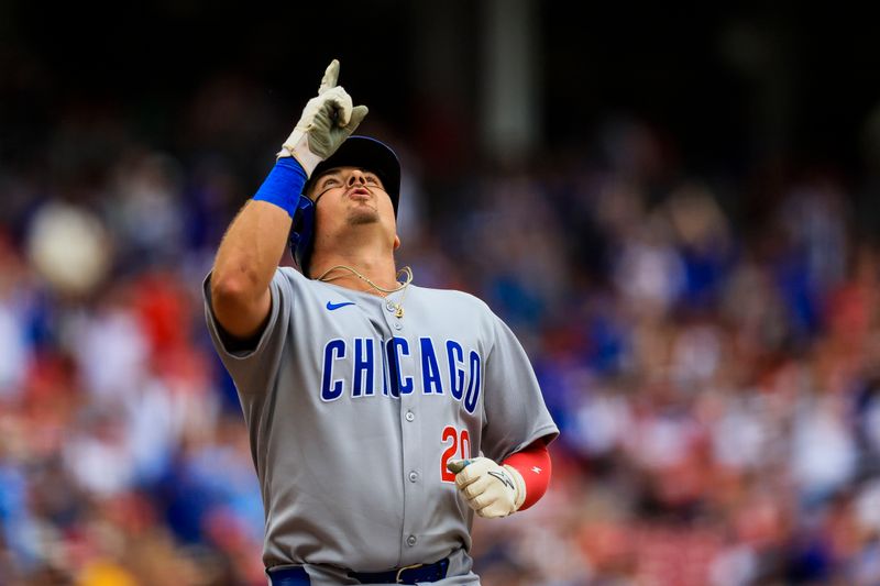 May 25, 2025; Cincinnati, Ohio, USA; Chicago Cubs catcher Reese McGuire (20) reacts after hitting a solo home run in the eighth inning against the Cincinnati Reds at Great American Ball Park. Mandatory Credit: Katie Stratman-Imagn Images