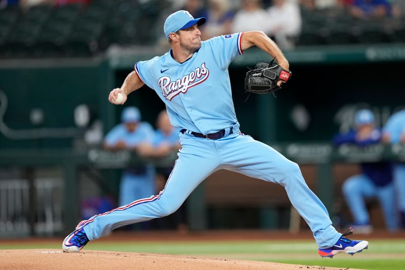 Aug 20, 2023; Arlington, Texas, USA; Texas Rangers starting pitcher Max Scherzer (31) delivers a pitch to the Milwaukee Brewers during the first inning at Globe Life Field. Mandatory Credit: Jim Cowsert-USA TODAY Sports