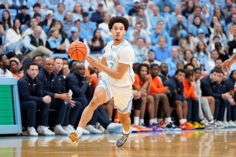 Jan 13, 2024; Chapel Hill, North Carolina, USA;  North Carolina Tar Heels guard Seth Trimble (7) on the fast break in the second half at Dean E. Smith Center. Mandatory Credit: Bob Donnan-USA TODAY Sports