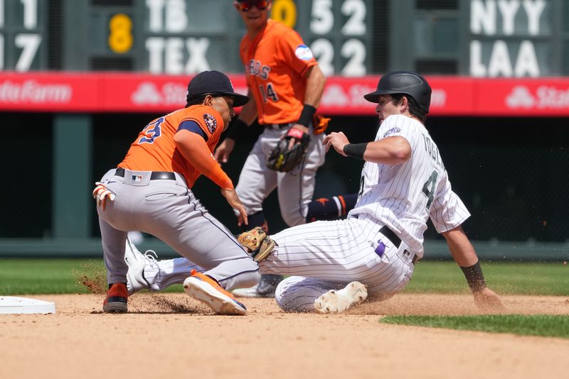 Jul 19, 2023; Denver, Colorado, USA; Houston Astros shortstop Jeremy Pena (3) tags out Colorado Rockies first baseman Michael Toglia (4) on a attempted steal in the fifth inning at Coors Field. Mandatory Credit: Ron Chenoy-USA TODAY Sports