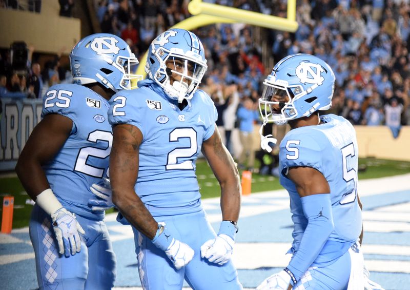 Nov 2, 2019; Chapel Hill, NC, USA; North Carolina Tar Heels receiver Dyami Brown (2) celebrates after scoring a touchdown during the first half against the Virginia Cavaliers at Kenan Memorial Stadium. Mandatory Credit: Rob Kinnan-USA TODAY Sports