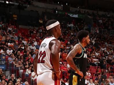 MIAMI, FL - DECEMBER 2: Jimmy Butler #22 of the Miami Heat and Obi Toppin #1 of the Indiana Pacers look on during the game on December 2, 2023 at Kaseya Center in Miami, Florida. NOTE TO USER: User expressly acknowledges and agrees that, by downloading and or using this Photograph, user is consenting to the terms and conditions of the Getty Images License Agreement. Mandatory Copyright Notice: Copyright 2023 NBAE (Photo by Issac Baldizon/NBAE via Getty Images)