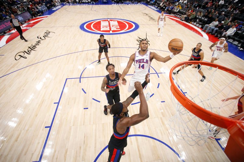 DETROIT, MI - NOVEMBER 30: Ricky Council IV #14 of the Philadelphia 76ers shoots the ball during the game against the Detroit Pistons  during a regular season game on November 30, 2024 at Little Caesars Arena in Detroit, Michigan. NOTE TO USER: User expressly acknowledges and agrees that, by downloading and/or using this photograph, User is consenting to the terms and conditions of the Getty Images License Agreement. Mandatory Copyright Notice: Copyright 2024 NBAE (Photo by Brian Sevald/NBAE via Getty Images)