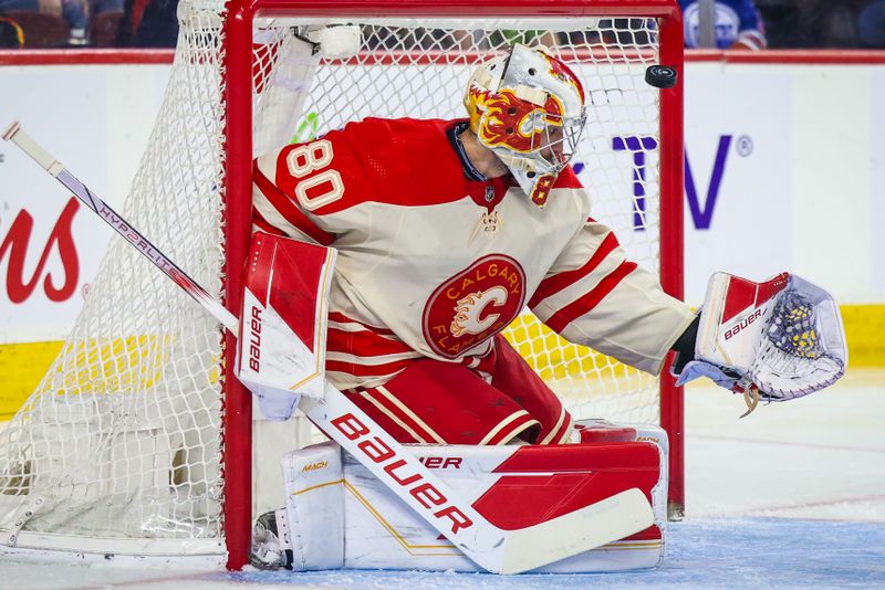 Jan 20, 2024; Calgary, Alberta, CAN; Edmonton Oilers center Sam Gagner (not pictured) scores a goal against Calgary Flames goaltender Dan Vladar (80) during the third period at Scotiabank Saddledome. Mandatory Credit: Sergei Belski-USA TODAY Sports