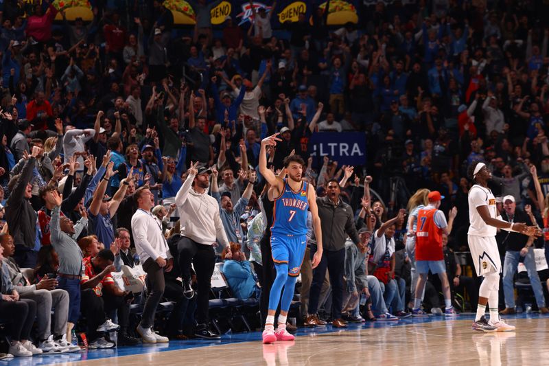 OKLAHOMA CITY, OK - JANUARY 31: Chet Holmgren #7 of the Oklahoma City Thunder celebrates during the game against the Denver Nuggets on January 31, 2024 at Paycom Arena in Oklahoma City, Oklahoma. NOTE TO USER: User expressly acknowledges and agrees that, by downloading and or using this photograph, User is consenting to the terms and conditions of the Getty Images License Agreement. Mandatory Copyright Notice: Copyright 2024 NBAE (Photo by Zach Beeker/NBAE via Getty Images)