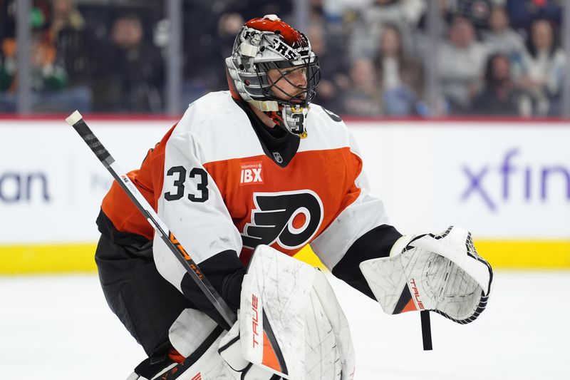 Mar 29, 2026; Philadelphia, Pennsylvania, USA; Philadelphia Flyers goalie Samuel Ersson (33) in action against the Dallas Stars in the third period at Xfinity Mobile Arena. Mandatory Credit: Kyle Ross-Imagn Images