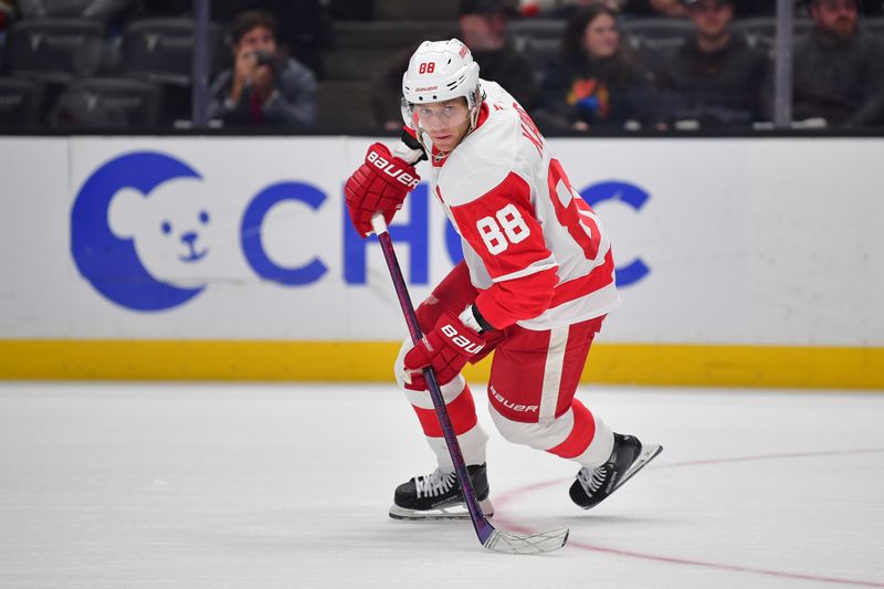 Nov 15, 2024; Anaheim, California, USA; Detroit Red Wings right wing Patrick Kane (88) in action against the Anaheim Ducks during the first period at Honda Center. Mandatory Credit: Gary A. Vasquez-Imagn Images