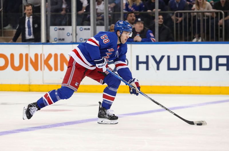 Mar 19, 2024; New York, New York, USA; New York Rangers left wing Will Cuylle (50) skates in all alone against the Winnipeg Jets during the first period at Madison Square Garden. Mandatory Credit: Danny Wild-USA TODAY Sports