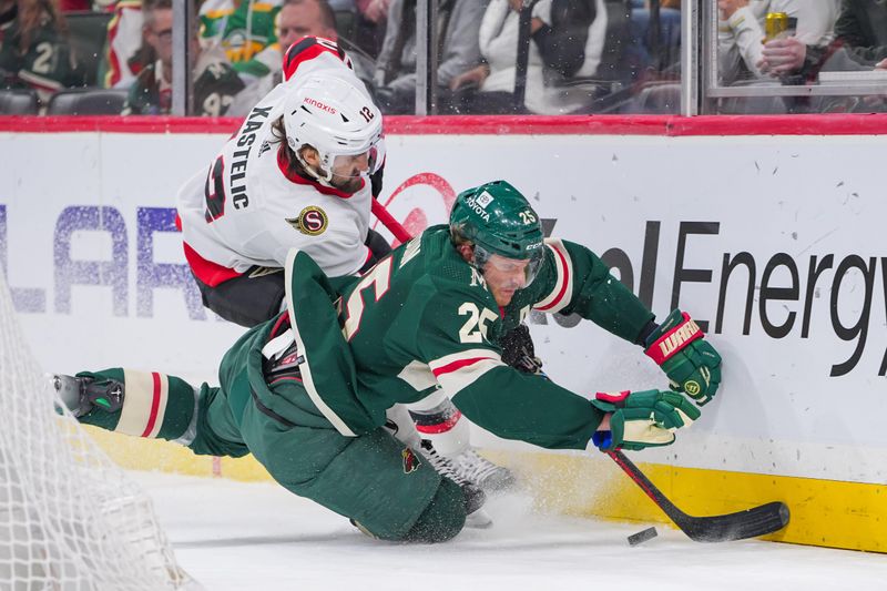 Apr 2, 2024; Saint Paul, Minnesota, USA; Ottawa Senators center Mark Kastelic (12) and Minnesota Wild defenseman Jonas Brodin (25) skate after the puck in the third period at Xcel Energy Center. Mandatory Credit: Brad Rempel-USA TODAY Sports