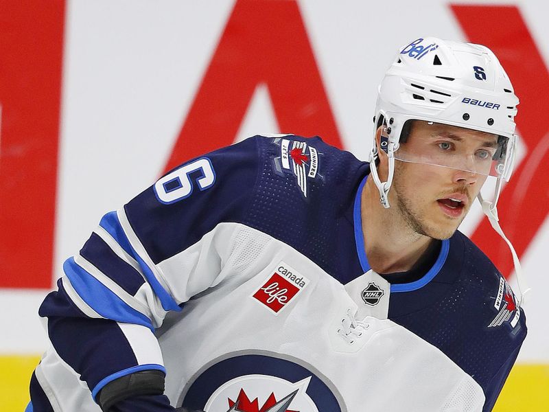 Sep 25, 2022; Edmonton, Alberta, CAN; Winnipeg Jets defensemen Ashton Sautner (6) skates during warmup against the Edmonton Oilers at Rogers Place. Mandatory Credit: Perry Nelson-USA TODAY Sports