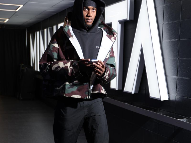 MINNEAPOLIS, MN -  MARCH 24: Jaden McDaniels #3 of the Minnesota Timberwolves arrives to the arena before the game against the Golden State Warriors on March 24, 2024 at Target Center in Minneapolis, Minnesota. NOTE TO USER: User expressly acknowledges and agrees that, by downloading and or using this Photograph, user is consenting to the terms and conditions of the Getty Images License Agreement. Mandatory Copyright Notice: Copyright 2024 NBAE (Photo by David Sherman/NBAE via Getty Images)