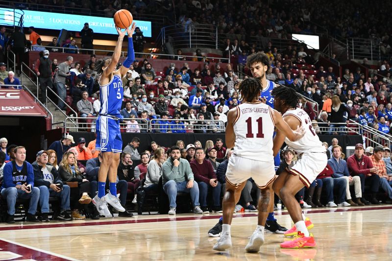 Jan 7, 2023; Chestnut Hill, Massachusetts, USA; Duke Blue Devils guard Tyrese Proctor (5) attempts a three-point basket against the Boston College Eagles during the first half at the Conte Forum. Mandatory Credit: Brian Fluharty-USA TODAY Sports