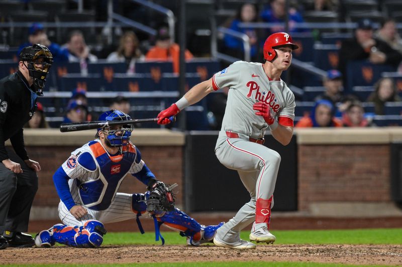 Apr 21, 2025; New York City, New York, USA; Philadelphia Phillies outfielder Max Kepler (17) hits a double against the New York Mets during the ninth inning at Citi Field. Mandatory Credit: John Jones-Imagn Images