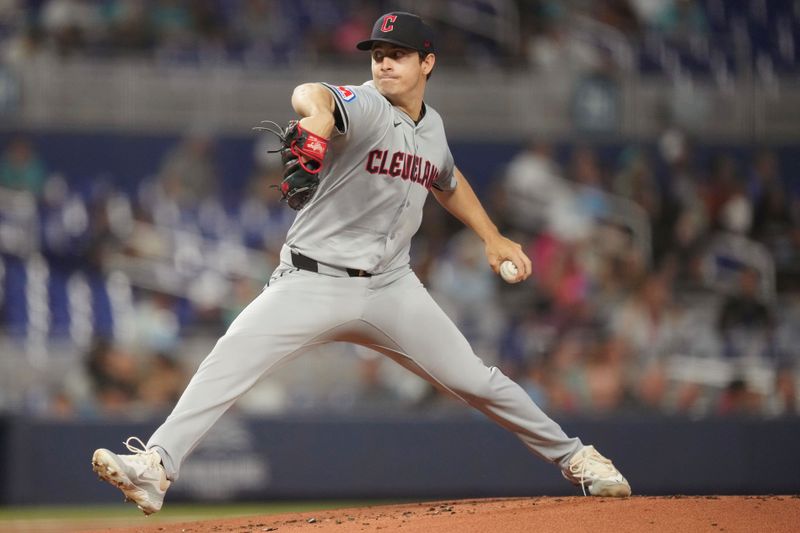 Jun 7, 2024; Miami, Florida, USA;  Cleveland Guardians starting pitcher Logan Allen (41) pitches in the first inning against the Miami Marlins at loanDepot Park. Mandatory Credit: Jim Rassol-USA TODAY Sports