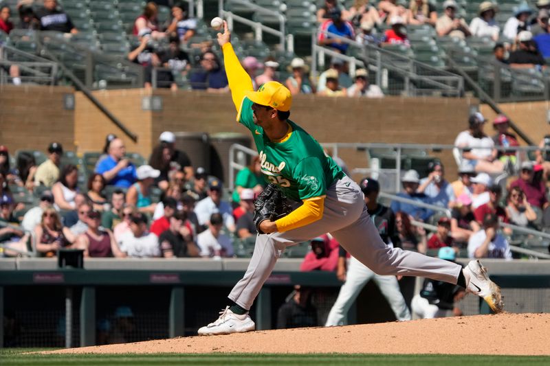 Mar 11, 2024; Salt River Pima-Maricopa, Arizona, USA; Oakland Athletics pitcher Joe Boyle (35) throws against the Arizona Diamondbacks in the first inning at Salt River Fields at Talking Stick. Mandatory Credit: Rick Scuteri-USA TODAY Sports