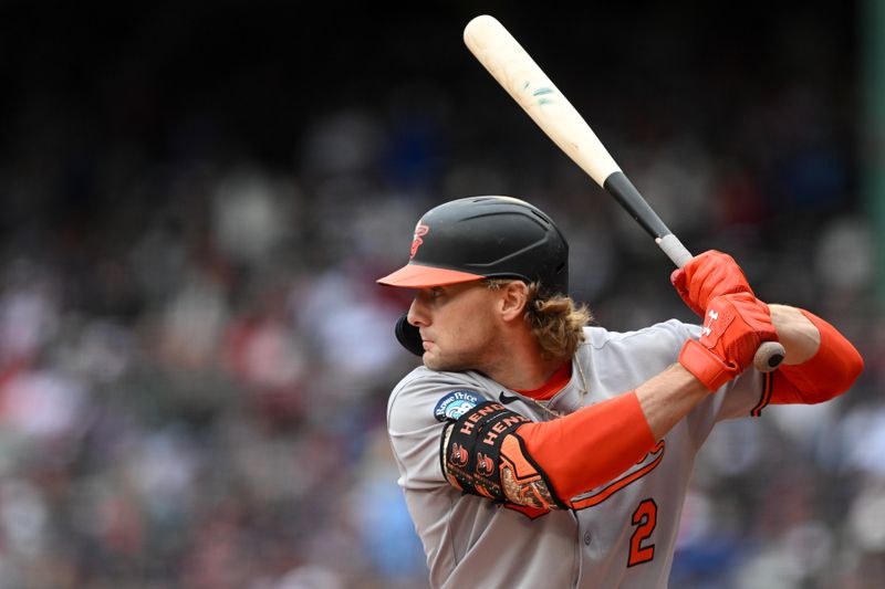 May 25, 2025; Boston, Massachusetts, USA; Baltimore Orioles shortstop Gunnar Henderson (2) bats against the Boston Red Sox during the first inning at Fenway Park. Mandatory Credit: Brian Fluharty-Imagn Images