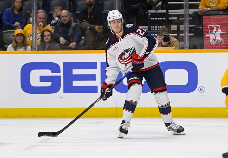 Jan 17, 2023; Nashville, Tennessee, USA;  Columbus Blue Jackets defenseman Adam Boqvist (27) skates against the Nashville Predators during the second period at Bridgestone Arena. Mandatory Credit: Steve Roberts-USA TODAY Sports