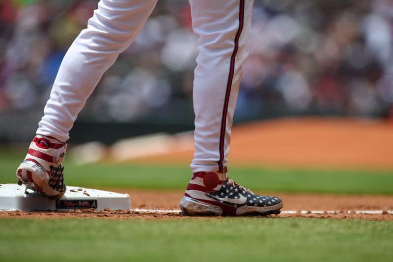 Jul 7, 2024; Atlanta, Georgia, USA; A detailed view of the cleats of Atlanta Braves center fielder Jarred Kelenic (24) against the Philadelphia Phillies in the first inning at Truist Park. Mandatory Credit: Brett Davis-USA TODAY Sports
