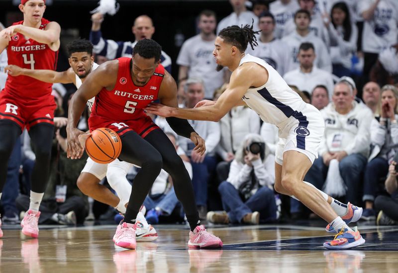 Feb 26, 2023; University Park, Pennsylvania, USA; Penn State Nittany Lions guard/forward Seth Lundy (1) knocks the ball loose from Rutgers Scarlet Knights forward Aundre Hyatt (5) during the first half at Bryce Jordan Center. Mandatory Credit: Matthew OHaren-USA TODAY Sports