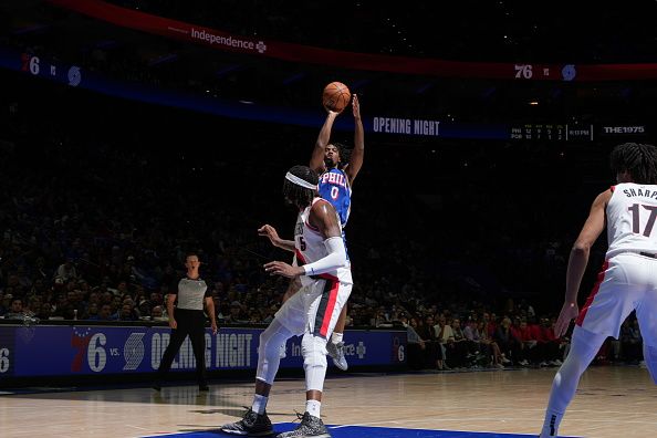 PHILADELPHIA, PA - OCTOBER 29: Tyrese Maxey #0 of the Philadelphia 76ers shoots the ball during the game against the Portland Trail Blazers on October 29, 2023 at the Wells Fargo Center in Philadelphia, Pennsylvania NOTE TO USER: User expressly acknowledges and agrees that, by downloading and/or using this Photograph, user is consenting to the terms and conditions of the Getty Images License Agreement. Mandatory Copyright Notice: Copyright 2023 NBAE (Photo by Jesse D. Garrabrant/NBAE via Getty Images)