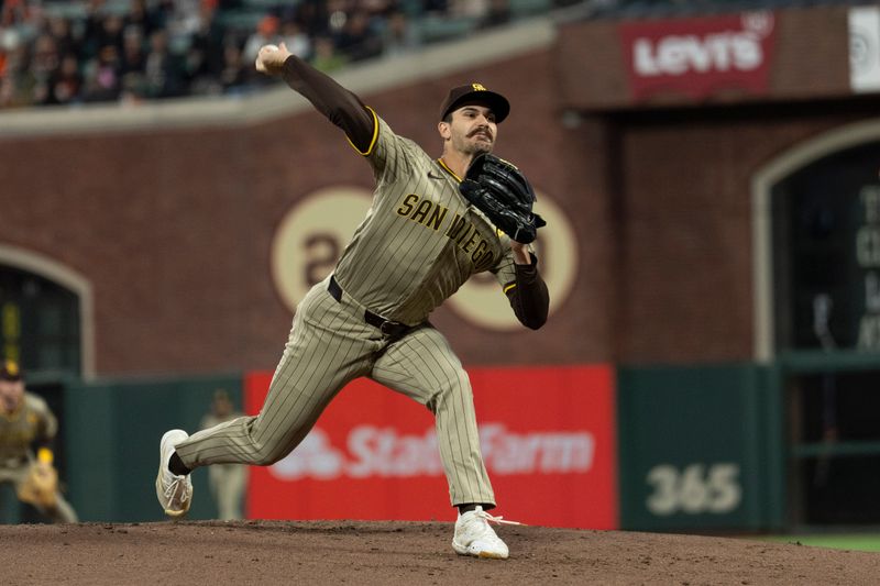 Sep 13, 2024; San Francisco, California, USA;  San Diego Padres pitcher Dylan Cease (84) pitches during the first inning against the San Francisco Giants at Oracle Park. Mandatory Credit: Stan Szeto-Imagn Images