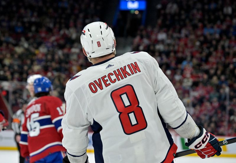 Feb 17, 2024; Montreal, Quebec, CAN; Washington Capitals forward Alex Ovechkin (8) prepares for a face off against the Montreal Canadiens during the third period at the Bell Centre. Mandatory Credit: Eric Bolte-USA TODAY Sports