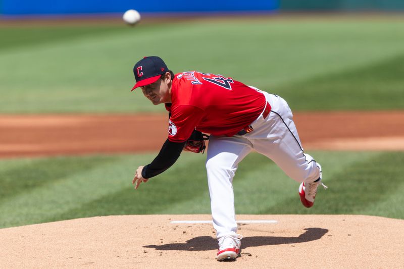 Apr 14, 2024; Cleveland, Ohio, USA; Cleveland Guardians starting pitcher Logan Allen (41) pitches in the first inning to the New York Yankees at Progressive Field. Mandatory Credit: Scott Galvin-USA TODAY Sports