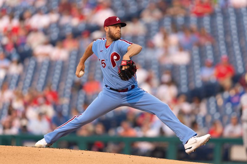 Jun 8, 2023; Philadelphia, Pennsylvania, USA; Philadelphia Phillies starting pitcher Zack Wheeler (45) throws a pitch during the first inning against the Detroit Tigers at Citizens Bank Park. Mandatory Credit: Bill Streicher-USA TODAY Sports