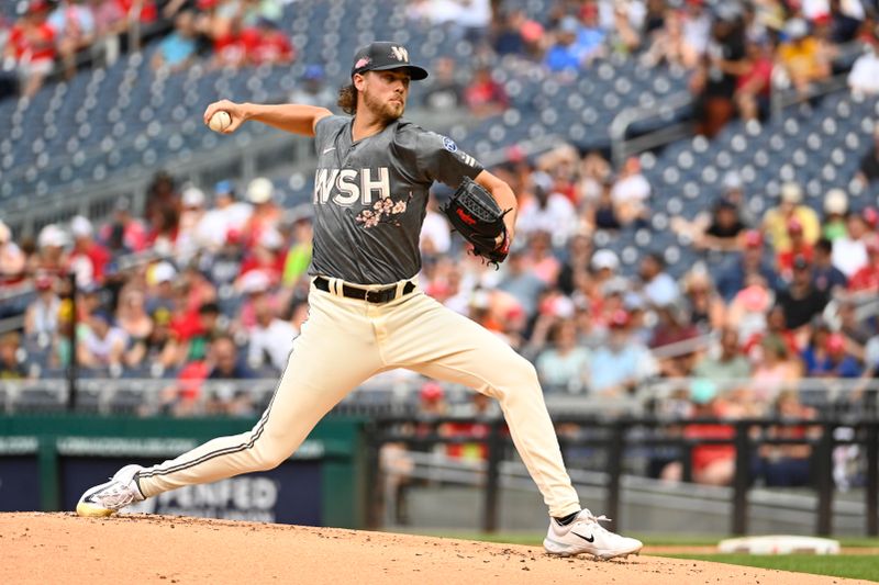 Jul 8, 2023; Washington, District of Columbia, USA; Washington Nationals starting pitcher Jake Irvin (74) throws to the Texas Rangers during the second inning at Nationals Park. Mandatory Credit: Brad Mills-USA TODAY Sports