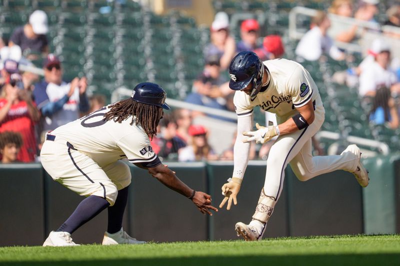 Sep 21, 2025; Minneapolis, Minnesota, USA; Minnesota Twins third base Royce Lewis (23) celebrates a three run home run hit off Cleveland Guardians pitcher Hunter Gaddis (33) in the seventh inning at Target Field. Mandatory Credit: Matt Blewett-Imagn Images