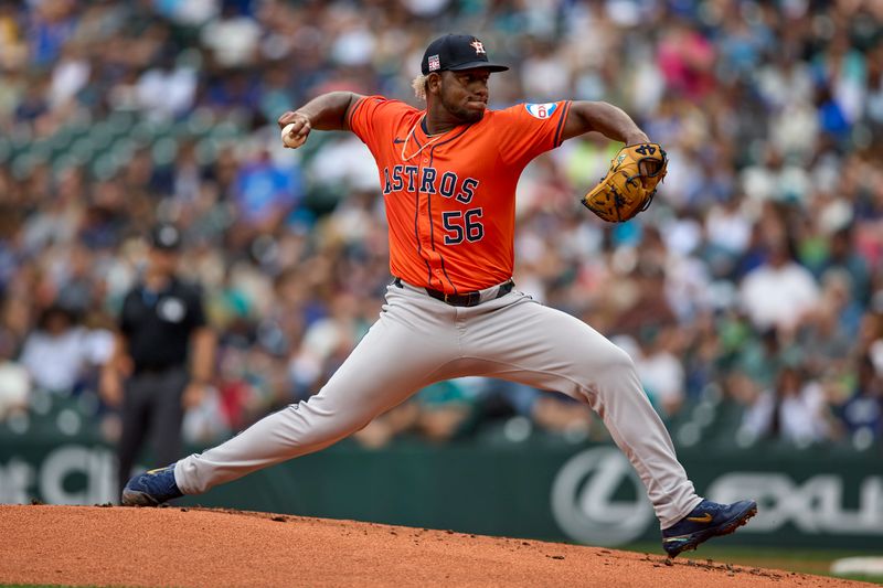 Jul 21, 2024; Seattle, Washington, USA; Houston Astros starting pitcher Ronel Blanco (56) throws against the Seattle Mariners during the first inning at T-Mobile Park. Mandatory Credit: John Froschauer-USA TODAY Sports