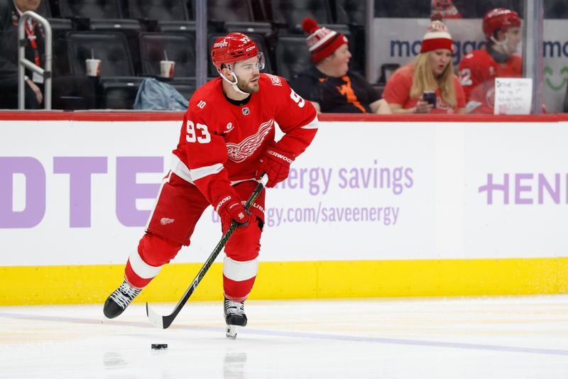 Nov 20, 2025; Detroit, Michigan, USA;  Detroit Red Wings right wing Alex Debrincat (93) skates with the puck in the third period against the New York Islanders at Little Caesars Arena. Mandatory Credit: Rick Osentoski-Imagn Images